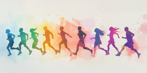 Artistic watercolor of people running with rainbow splashes in a minimalistic dynamic scene