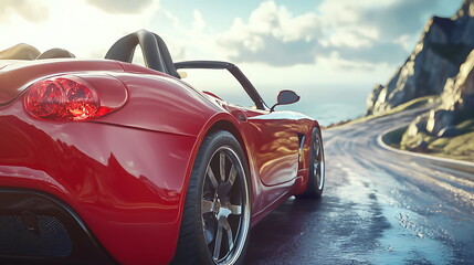 A stunning red sports car navigating a winding road along a dramatic rocky landscape at sunset