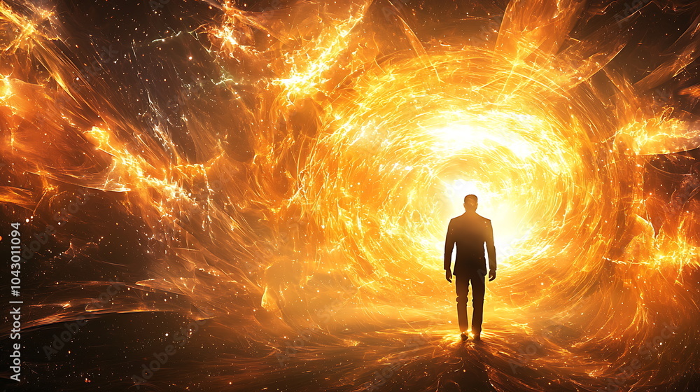 Poster a man's journey through the cosmic vortex exploring the mysteries of the universe's energy and light