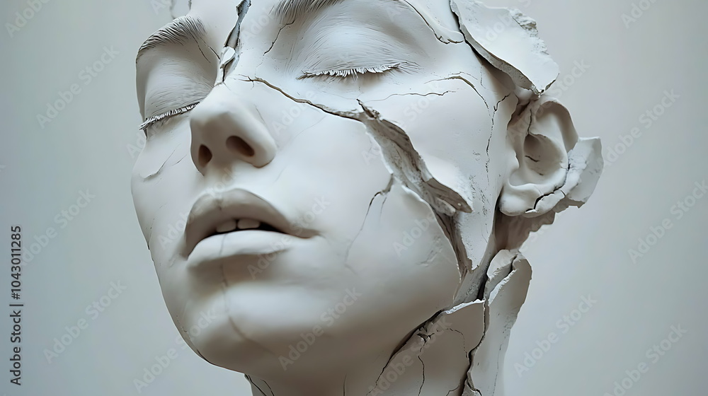 Poster artistic sculpture of a cracked face symbolizing fragility and vulnerability on a stark white backgr