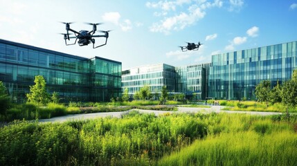 Automated robotic surveillance drones patrolling a corporate headquarters, Modern industrial style, photo of