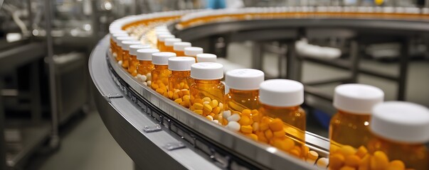 Array of Orange and White Bottles on Production Line