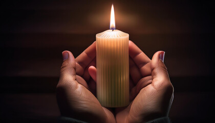 hands holding a burning candle in the darknes. Selective focus, dark background. light in the dark.