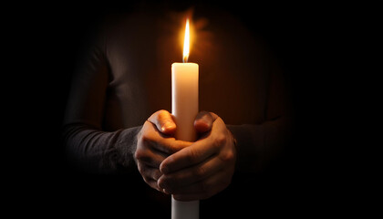 hands holding a burning candle in the darknes. Selective focus, dark background. light in the dark.