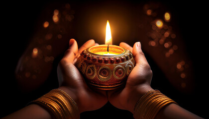 hands holding a burning candle in the darknes. Selective focus, dark background. light in the dark.