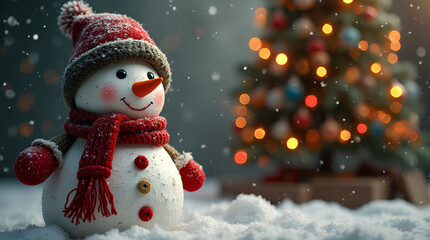 Obraz premium A snowman in a hat, scarf and gloves stands near a decorated Christmas tree with garlands. Snowman close-up against the background of a decorated Christmas tree with lanterns.