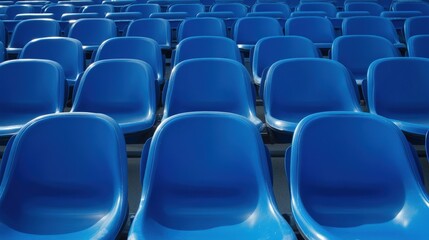 Stadium Seat. Empty Blue Plastic Seats in Arena Bleachers for Audience