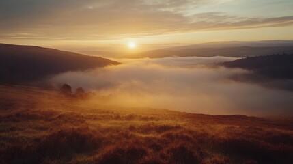 Serene sunrise over misty landscape