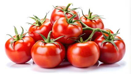 Fresh red tomatoes with green stems isolated on white background