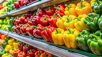 Fresh red yellow green giant paprikas on shelf in supermarket