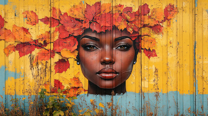 Graffiti portrait of a woman, her hair made of vibrant red autumn leaves, set against a worn yellow wall, blending nature and urban art