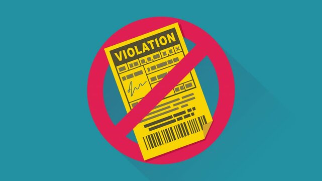 Appearance of crossed out red circular prohibition symbol on a violation ticket on blue background with long shadow in flat design style