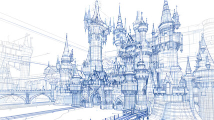 Obraz premium A blue and white drawing of a castle with a lot of detail. The castle is very large and has many towers. The drawing is very detailed and looks like it could be a blueprint for a castle