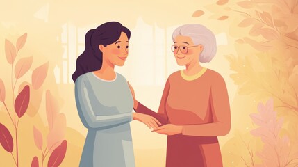 Obraz premium Taking Care of Elderly: Joyful Caucasian Woman Assisting Senior Grandmother