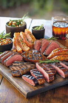  Variedad de cortes de carne a la parrilla servidos en una tabla de madera, acompa&ntilde;ados de salsas y decorados con romero fresco.
