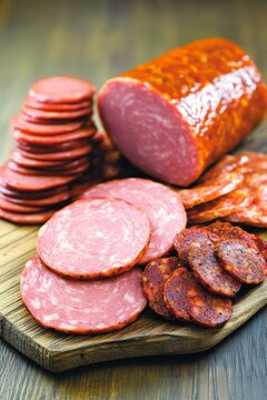   Lonchas de diferentes tipos de embutidos como salami y chorizo, servidos sobre una tabla de madera en rodajas finas.
