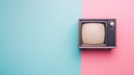 a old vintage tv on color background. retro technology. flat lay top view hero header. vintage color styles. copy space for text