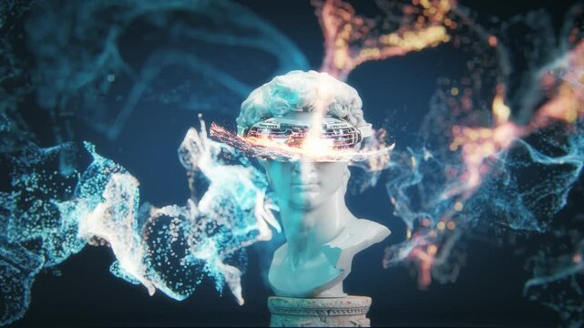 A white marble statue of David's head wearing VR glasses is surrounded by blue energy waves and floating digital data streams, all set against an isolated dark background. The scene captures the blend