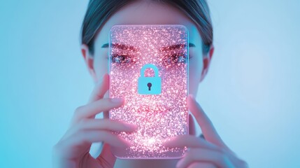 A woman holding a smartphone with a digital padlock icon on the screen, representing mobile device security and data protection.