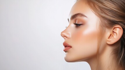 Fototapeta premium White woman, facial profile and beauty in studio, isolated white background 