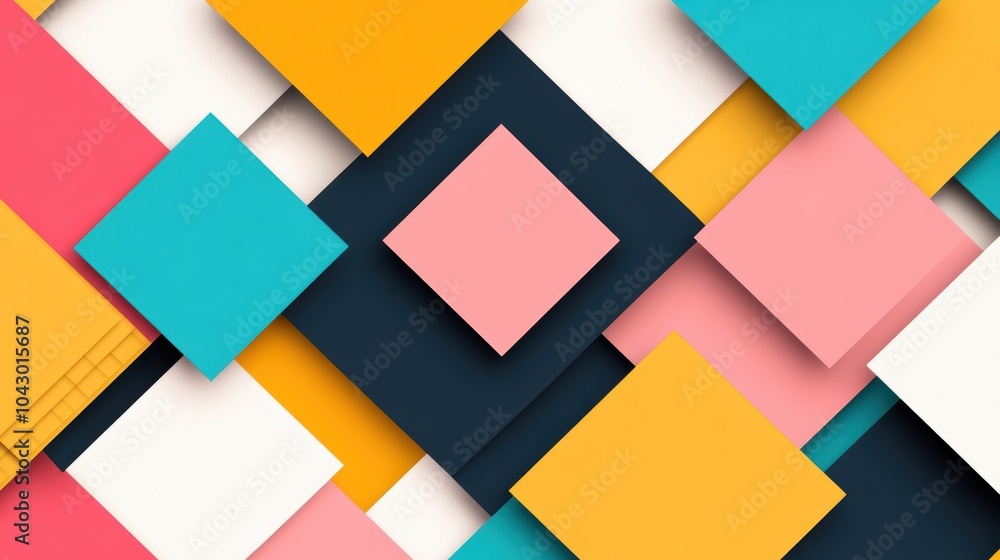 Poster a bold geometric background composed of overlapping squares in a vibrant color palette, showcasing a