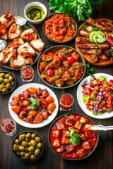 Una mesa llena de tapas variadas, como aceitunas, ensaladas, guisos, y diferentes embutidos, servidos con pan y acompañados de salsas.
