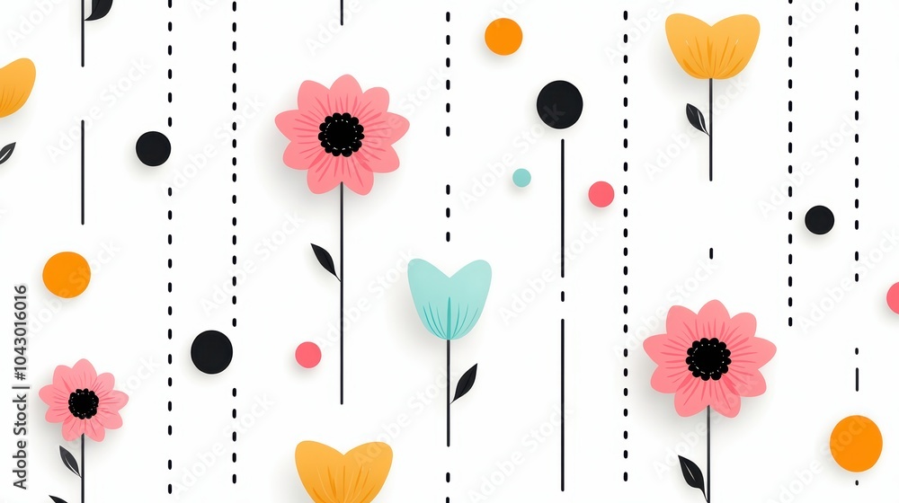 Poster a seamless pattern of repeating retro elements such as flowers, polka dots, and stripes, creating a 