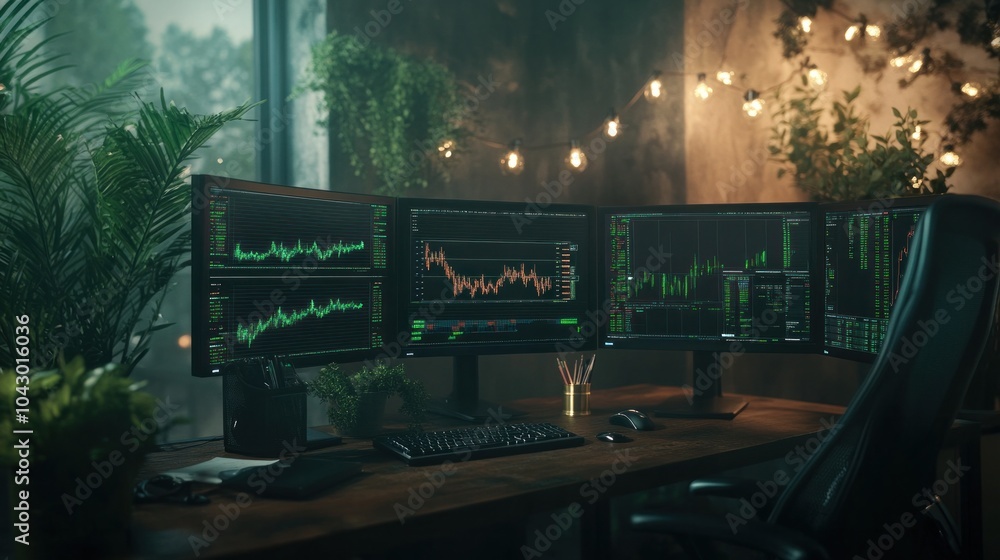 Poster high-tech control room with multiple monitors showing stock market charts and financial data.