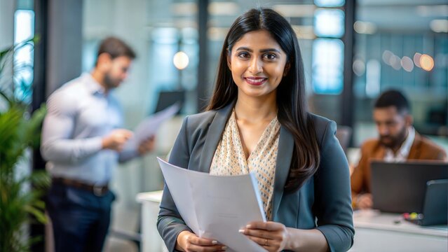 A confident Indian woman holding tax forms in a modern office setting.
