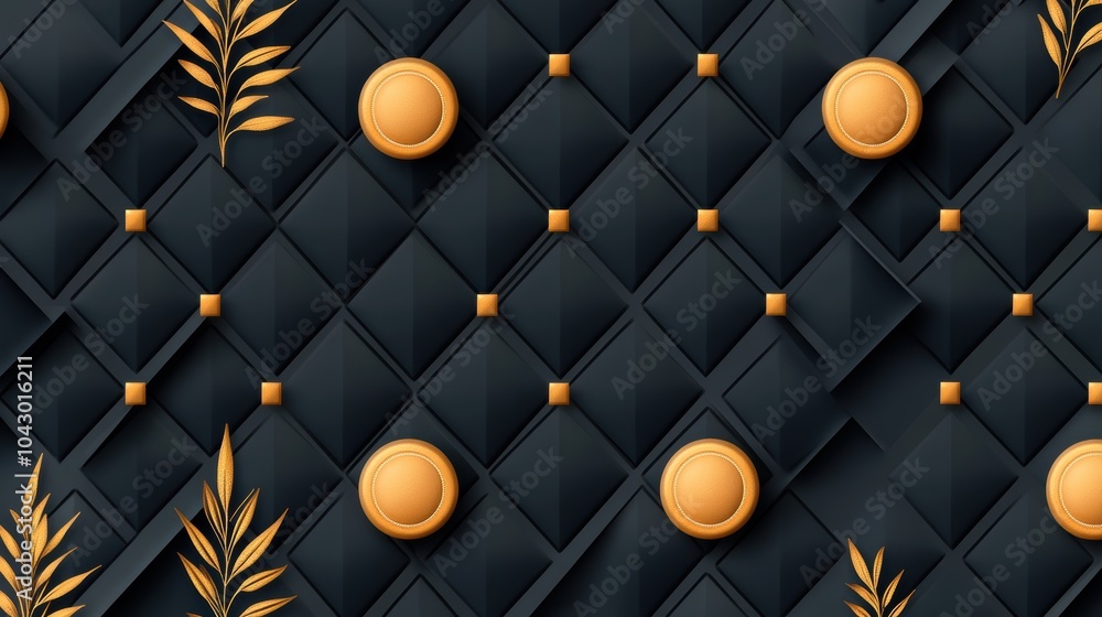 Poster a seamless pattern of repeating geometric shapes in a dark, rich color palette, creating an elegant 