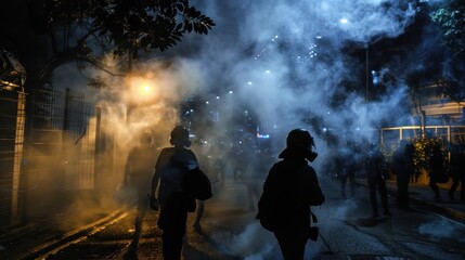Obraz premium Protesters in Clash with Riot Police Amid Smoke and Tension