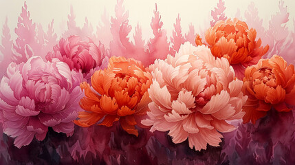 Obraz premium Vibrant peonies bloom in a serene landscape at dawn, showcasing nature's artistry