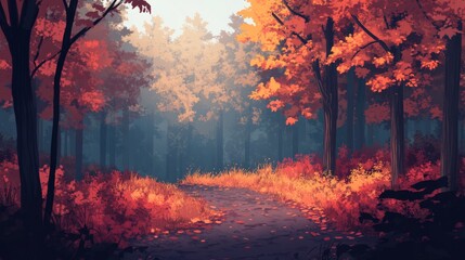 A winding path through an autumn forest, sunlight peeks through the trees, illuminating the colorful leaves.