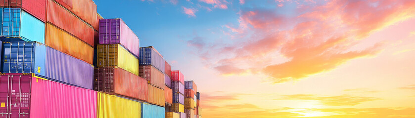 Colorful shipping containers stacked against vibrant sunset sky, showcasing logistics and supply chain industry. scene evokes sense of efficiency and modernity in transportation