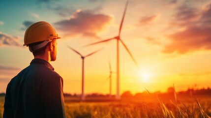 A team of engineers examining a wind farm, assessing the environmental impact of renewable energy projects.