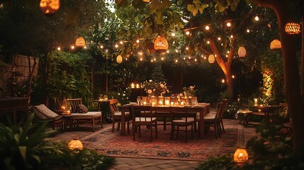 A cozy outdoor garden party with vintage wooden furniture, floral centerpieces, and lanterns placed around the garden, soft fairy lights illuminating the scene,