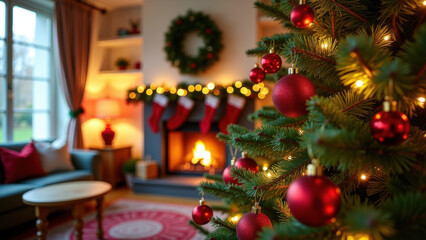 Festive holiday interior featuring a Christmas tree with red ornaments and warm fireplace lights in the background.