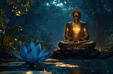A golden Buddha statue sits amidst a dark jungle, its serene expression illuminated by a glowing golden light.