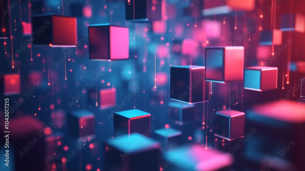 Poster abstract background of glowing cubes with vibrant colors and a depth of field effect.