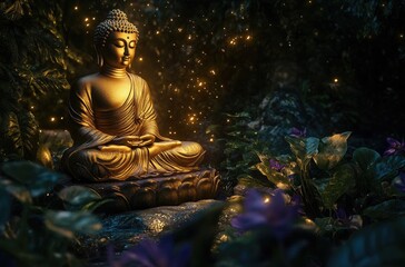 A golden Buddha statue sits amidst a dark jungle, its serene expression illuminated by a glowing golden light.