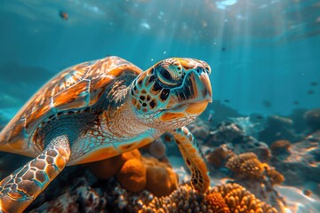 Fototapeta premium Turtle swimming in the ocean with sun shining through its eyes, animal background, travel concept, copy space