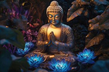 Obraz premium A golden Buddha statue with blue lotus flowers, sitting in the dark forest, with purple and green leaves, a sacred light, and a mysterious atmosphere