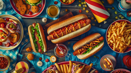 Fototapeta premium A colorful spread of fast food including hot dogs, fries, drinks, and sides on a picnic table, shot from above