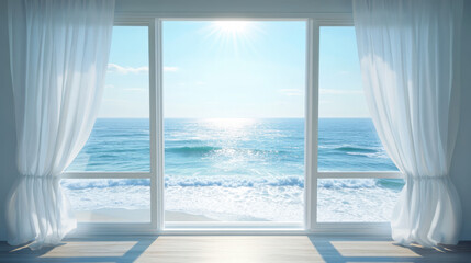 Fototapeta premium Breezy coastal view of the ocean framed by sheer white curtains in a bright room during a sunny day