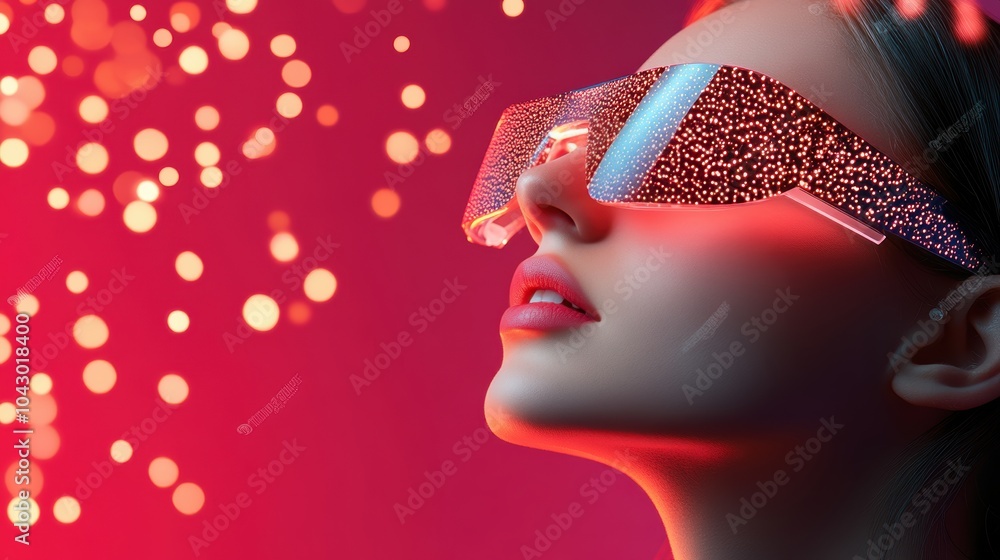 Poster a young woman wearing augmented reality glasses, interacting with virtual objects and data streams i