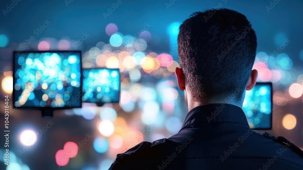 Poster a security officer monitoring multiple screens displaying live feeds from cctv cameras, representing