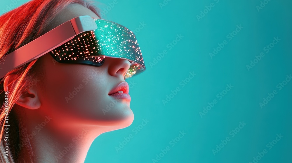 Poster a young woman wearing augmented reality glasses, interacting with virtual objects and data streams i