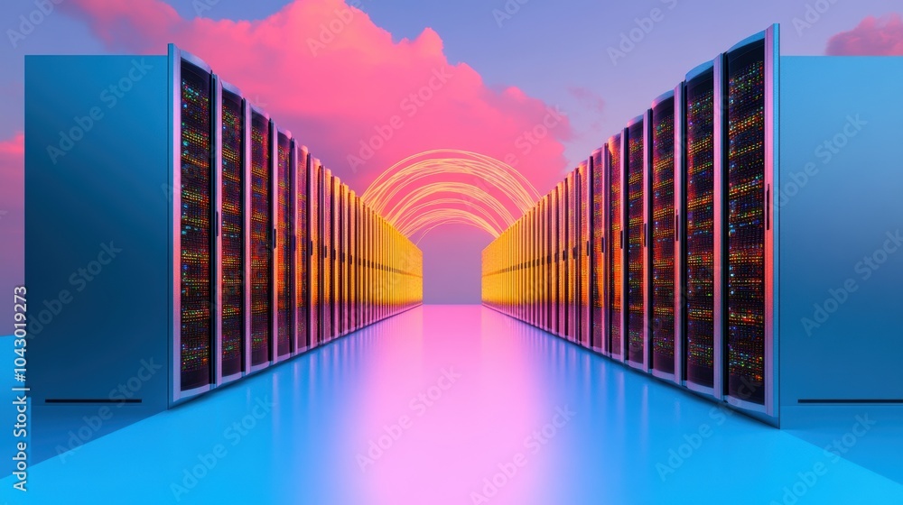 Poster a panoramic view of a data center with rows of servers and cables, showcasing the vast infrastructur