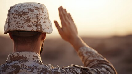 A Soldier's Farewell Saluting the Horizon at Sunset in Military Camouflage