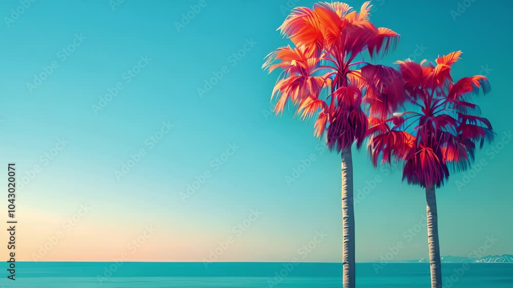 Poster two tall palm trees stand against a backdrop of the vast ocean, under a clear blue sky.